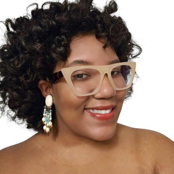 Handmade Elegant Vintage Cream & Teal Beaded Dangle Clip-On Earrings | 3.50" - Picture 1 of 6